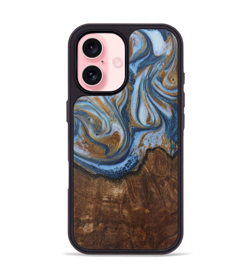 iPhone 16 Wood+Resin Phone Case - Aleah (Teal & Gold, 716232)