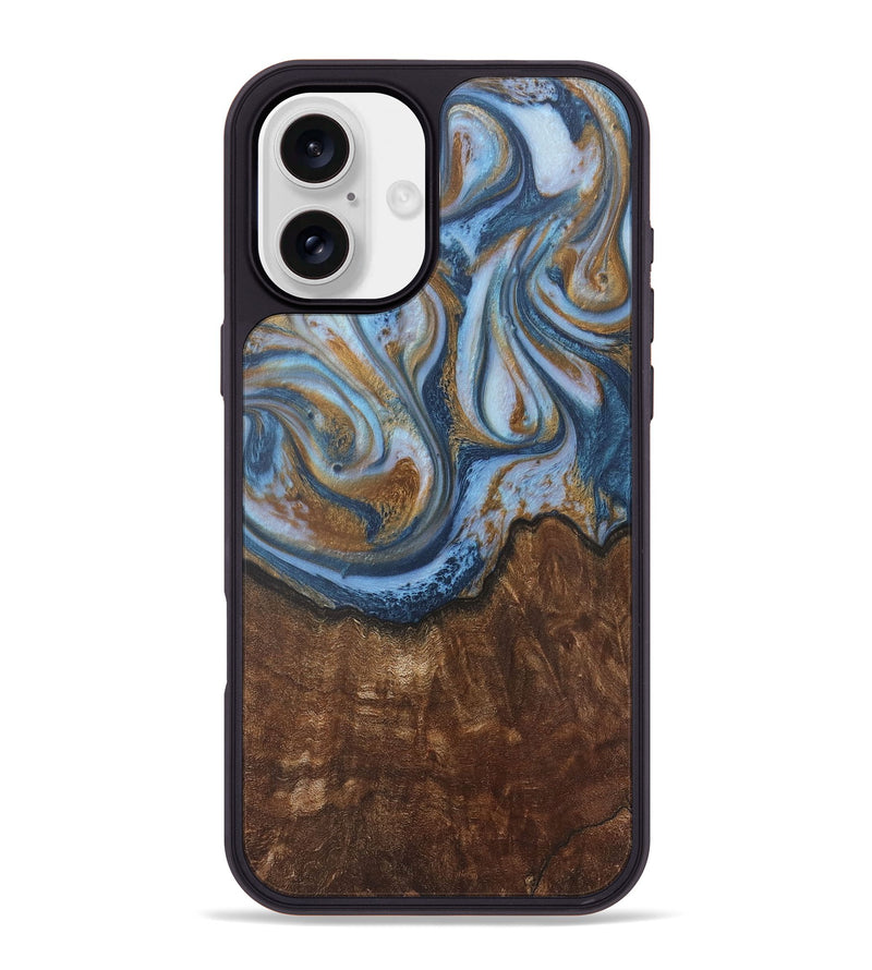 iPhone 16 Plus Wood+Resin Phone Case - Aleah (Teal & Gold, 716232)