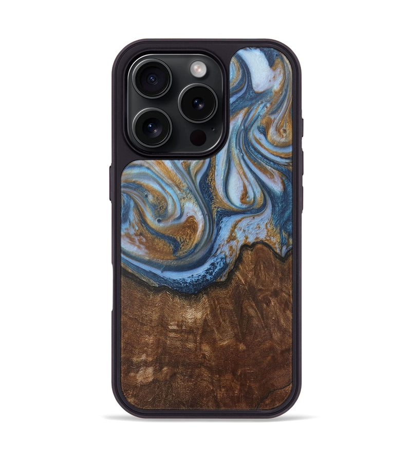 iPhone 16 Pro Wood+Resin Phone Case - Aleah (Teal & Gold, 716232)