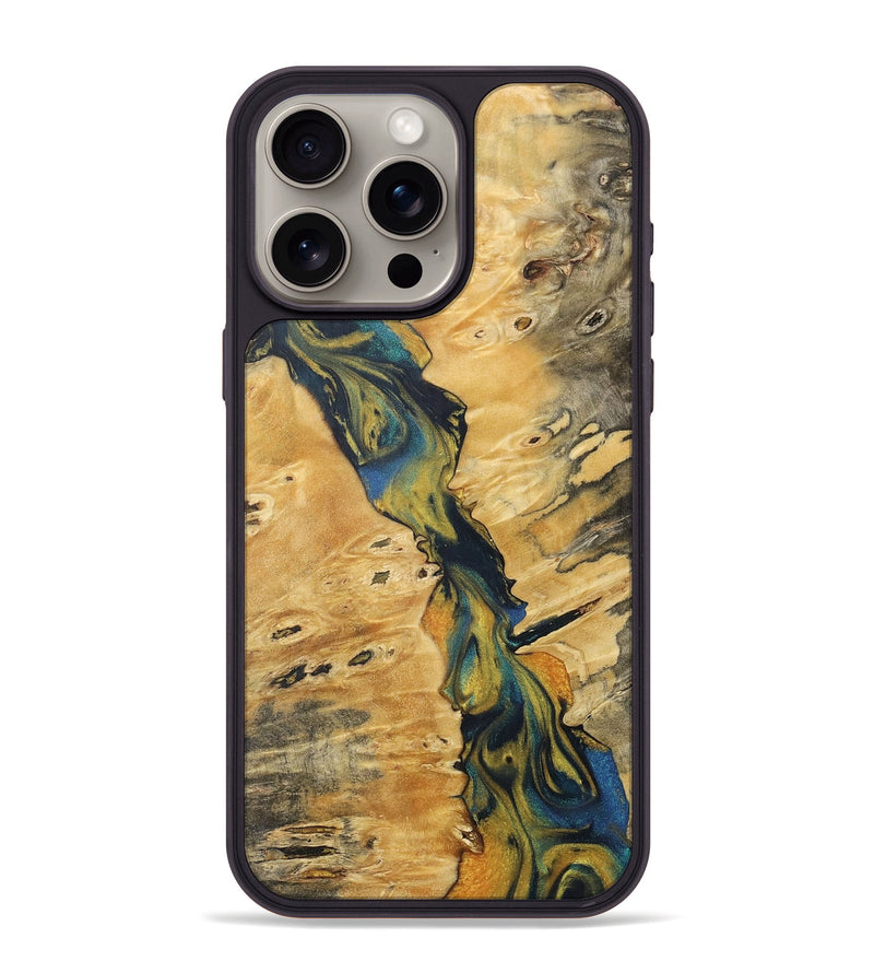 iPhone 15 Pro Max Wood+Resin Phone Case - Justice (Teal & Gold, 716236)