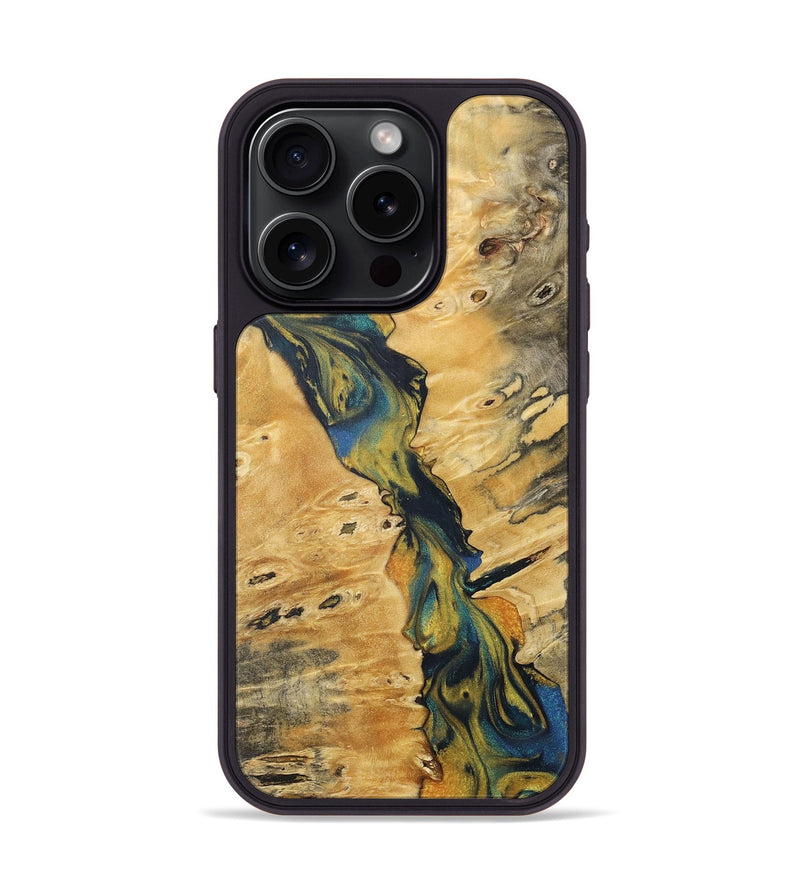 iPhone 15 Pro Wood+Resin Phone Case - Justice (Teal & Gold, 716236)