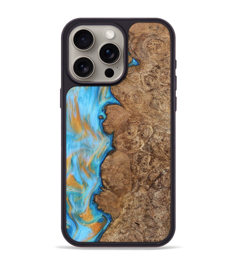 iPhone 15 Pro Max Wood+Resin Phone Case - Lucas (Teal & Gold, 716240)