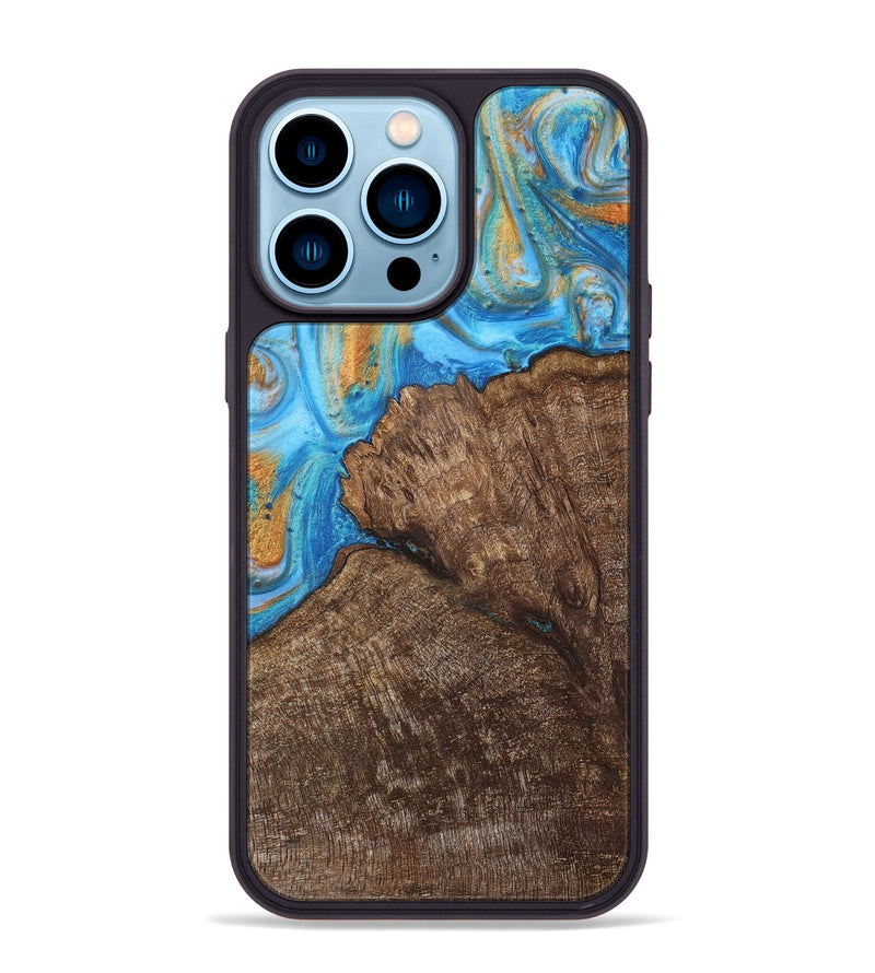 iPhone 14 Pro Max Wood+Resin Phone Case - Devon (Teal & Gold, 716241)