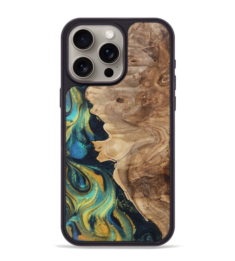 iPhone 15 Pro Max Wood+Resin Phone Case - Sutton (Teal & Gold, 716242)