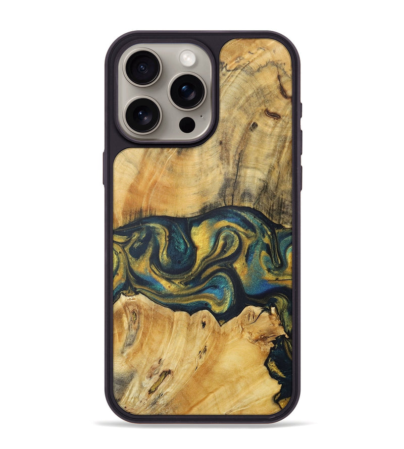 iPhone 15 Pro Max Wood+Resin Phone Case - Jadyn (Teal & Gold, 716244)