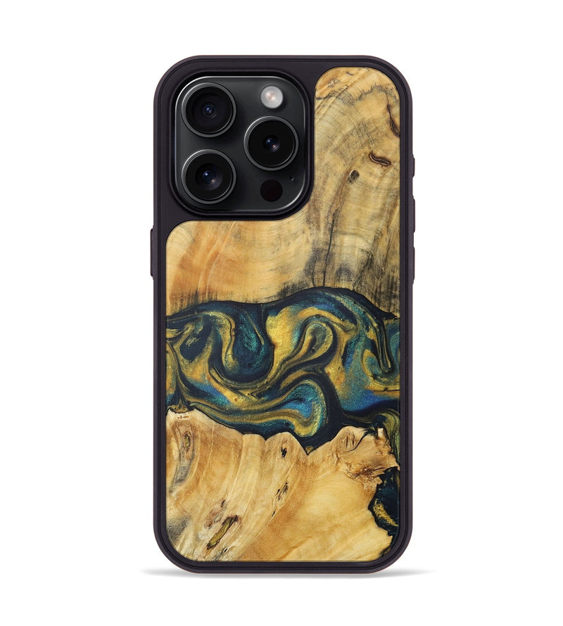 iPhone 15 Pro Wood+Resin Phone Case - Jadyn (Teal & Gold, 716244)