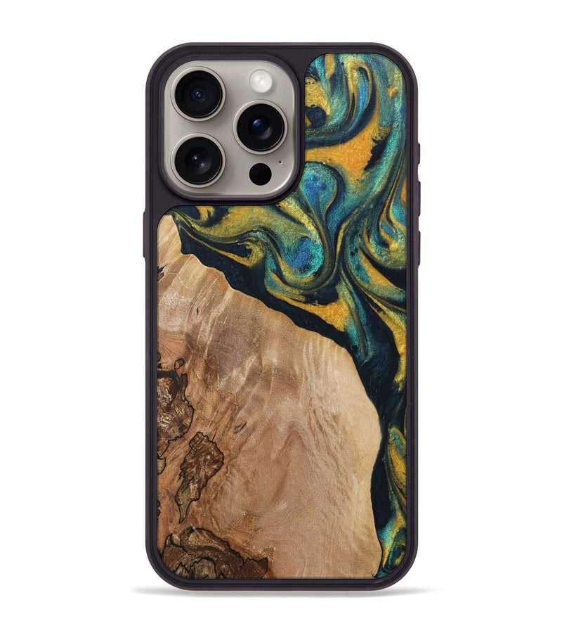 iPhone 15 Pro Max Wood+Resin Phone Case - Sherlyn (Teal & Gold, 716254)