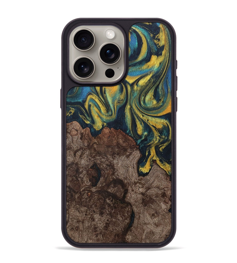 iPhone 15 Pro Max Wood+Resin Phone Case - Khalil (Teal & Gold, 716257)