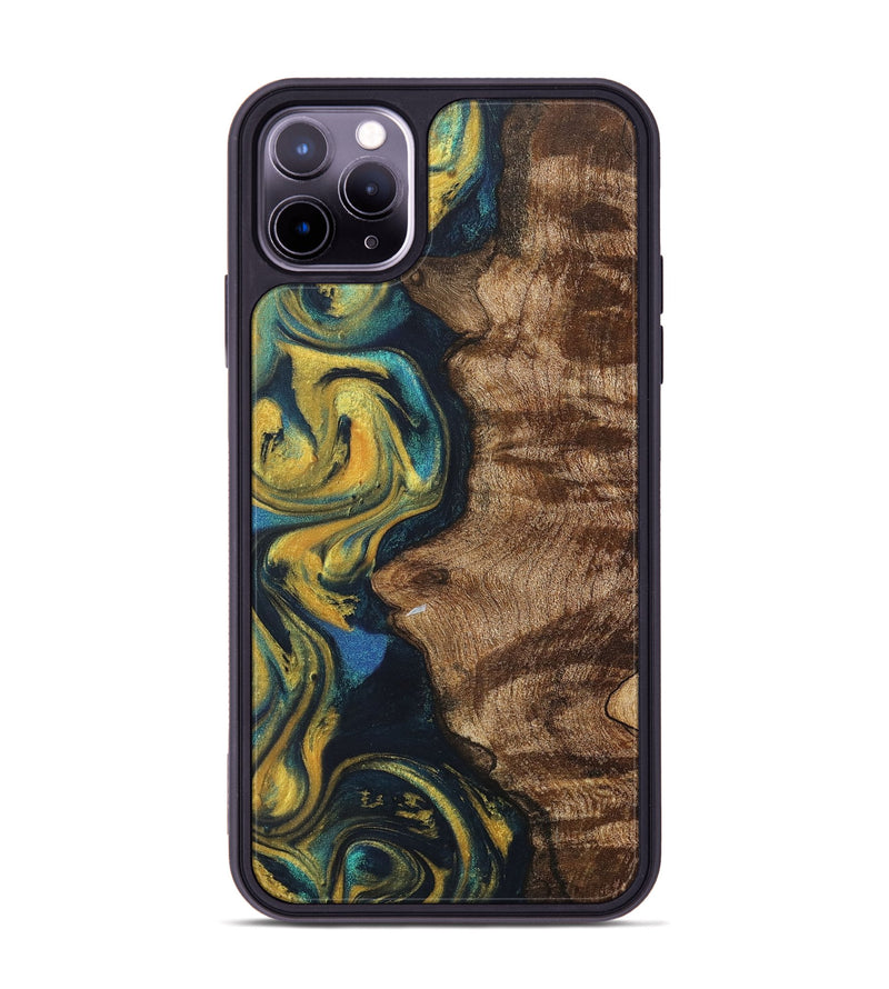 iPhone 11 Pro Max Wood+Resin Phone Case - Robbie (Teal & Gold, 716259)