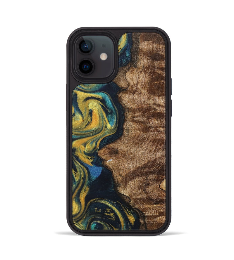 iPhone 12 Wood+Resin Phone Case - Robbie (Teal & Gold, 716259)