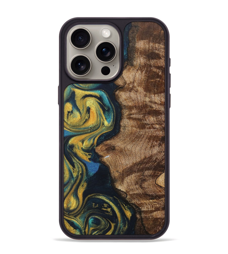 iPhone 15 Pro Max Wood+Resin Phone Case - Robbie (Teal & Gold, 716259)