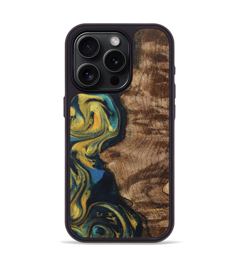 iPhone 15 Pro Wood+Resin Phone Case - Robbie (Teal & Gold, 716259)