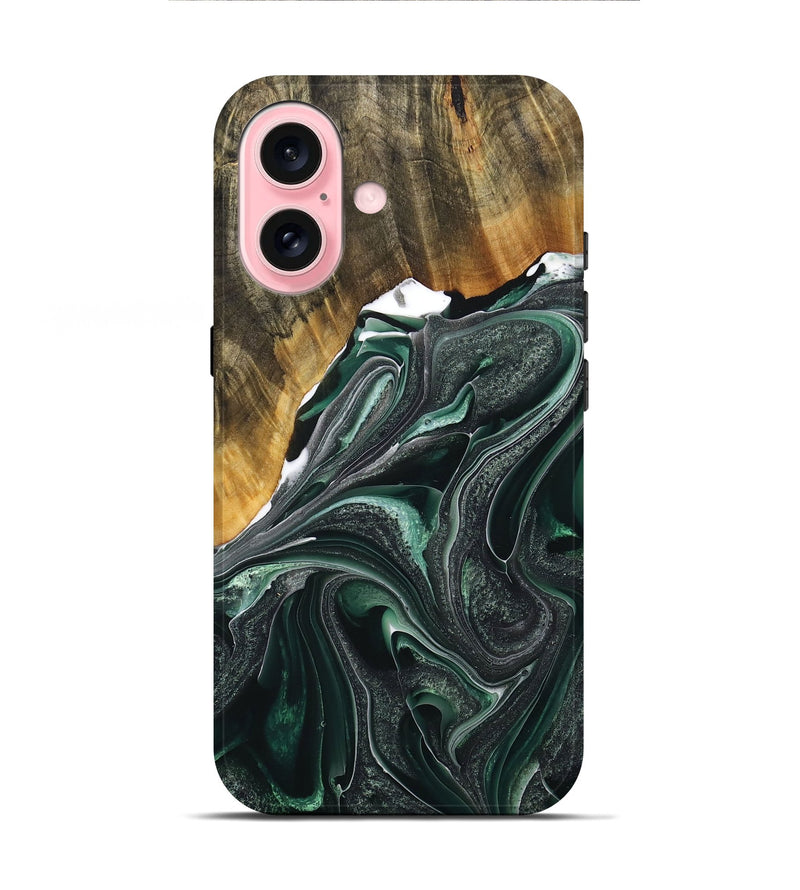 iPhone 16 Wood+Resin Live Edge Phone Case - Nancy (Green, 716416)