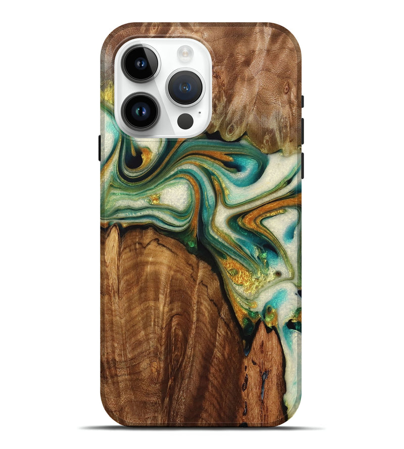 iPhone 15 Pro Max Wood+Resin Live Edge Phone Case - Adrienne (Teal & Gold, 716477)