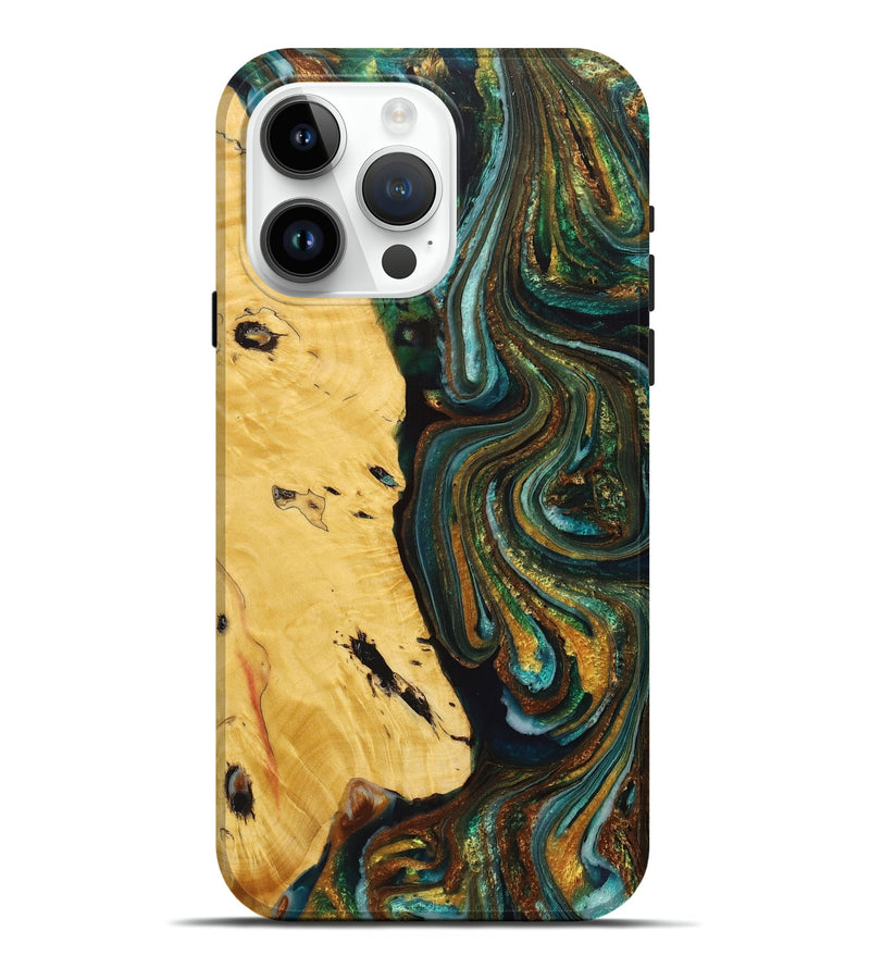 iPhone 15 Pro Max Wood+Resin Live Edge Phone Case - Thiago (Teal & Gold, 716484)