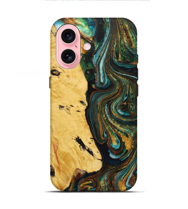 iPhone 16 Wood+Resin Live Edge Phone Case - Thiago (Teal & Gold, 716484)