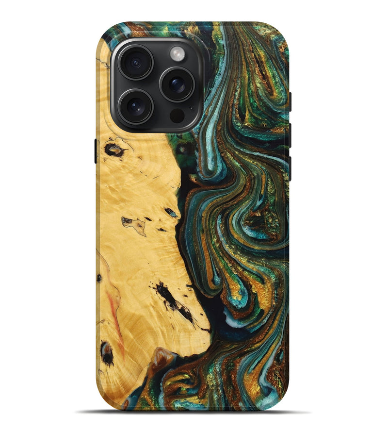 iPhone 16 Pro Max Wood+Resin Live Edge Phone Case - Thiago (Teal & Gold, 716484)