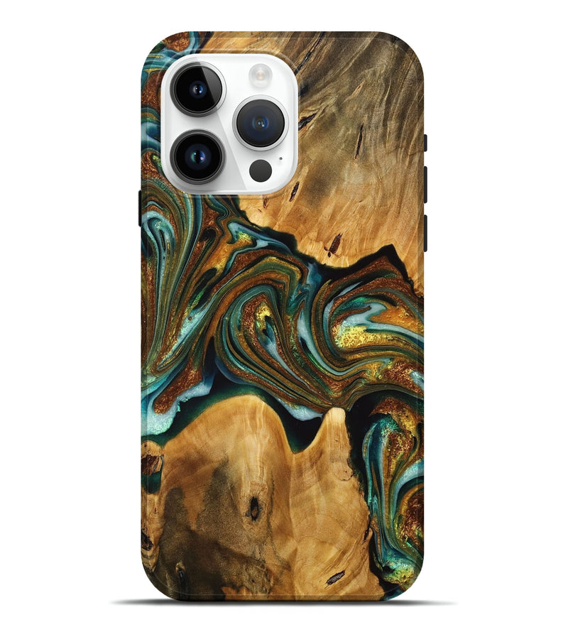 iPhone 15 Pro Max Wood+Resin Live Edge Phone Case - Kyra (Teal & Gold, 716488)