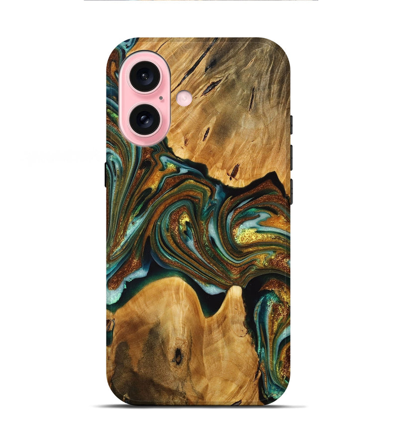 iPhone 16 Wood+Resin Live Edge Phone Case - Kyra (Teal & Gold, 716488)