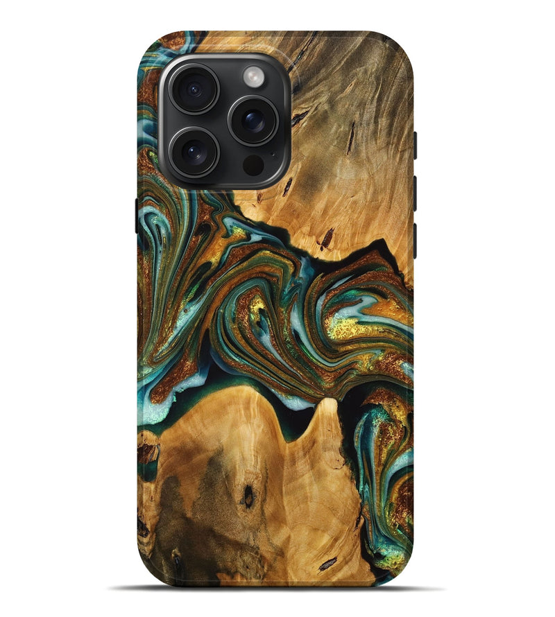 iPhone 16 Pro Max Wood+Resin Live Edge Phone Case - Kyra (Teal & Gold, 716488)