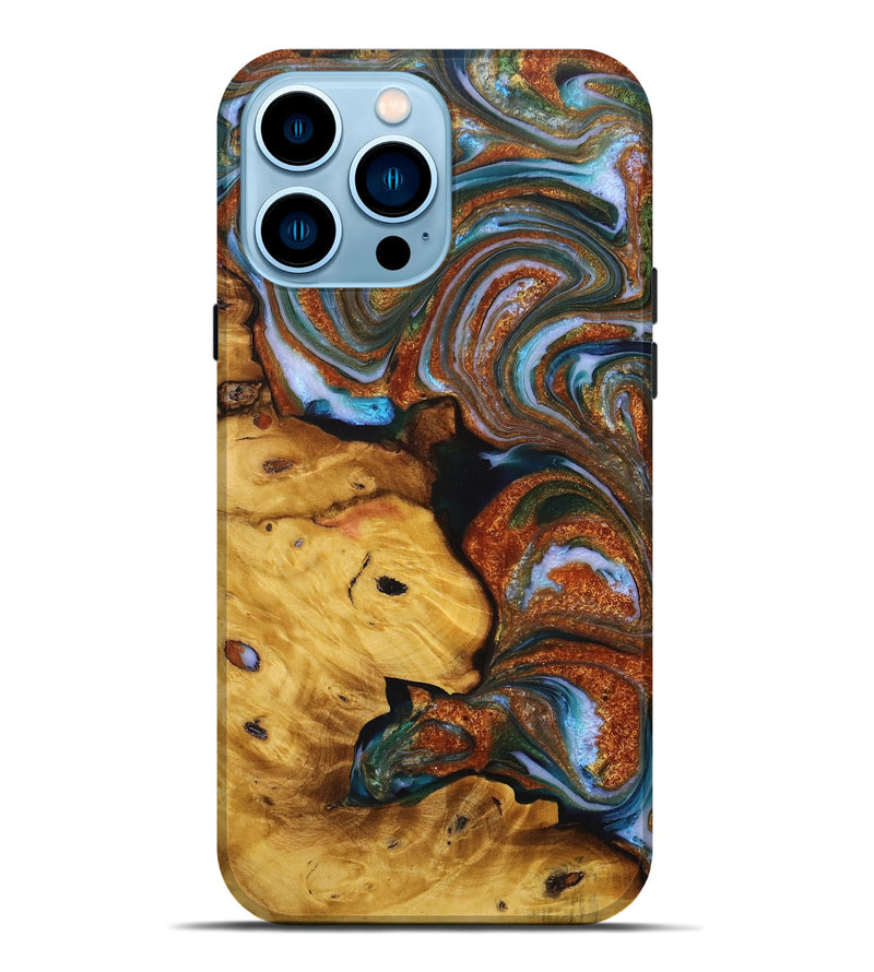 iPhone 14 Pro Max Wood+Resin Live Edge Phone Case - Troy (Teal & Gold, 716490)