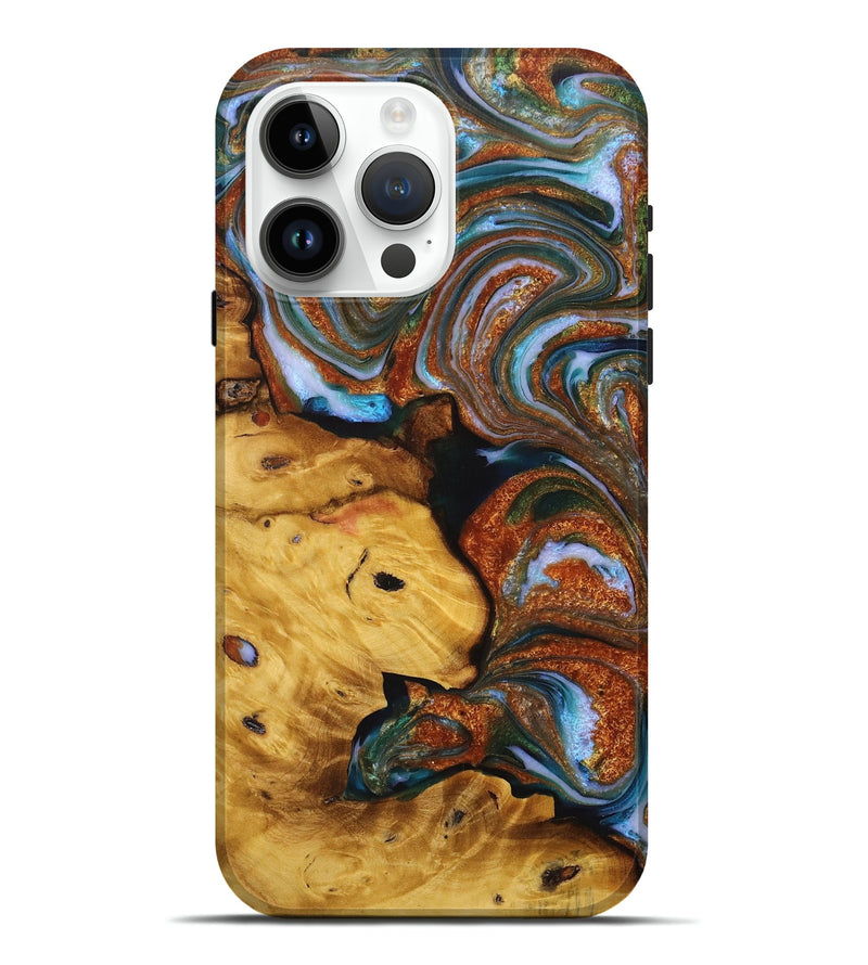 iPhone 15 Pro Max Wood+Resin Live Edge Phone Case - Troy (Teal & Gold, 716490)