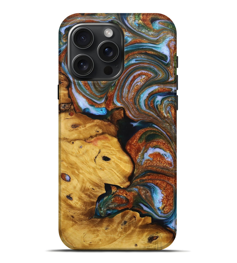 iPhone 16 Pro Max Wood+Resin Live Edge Phone Case - Troy (Teal & Gold, 716490)