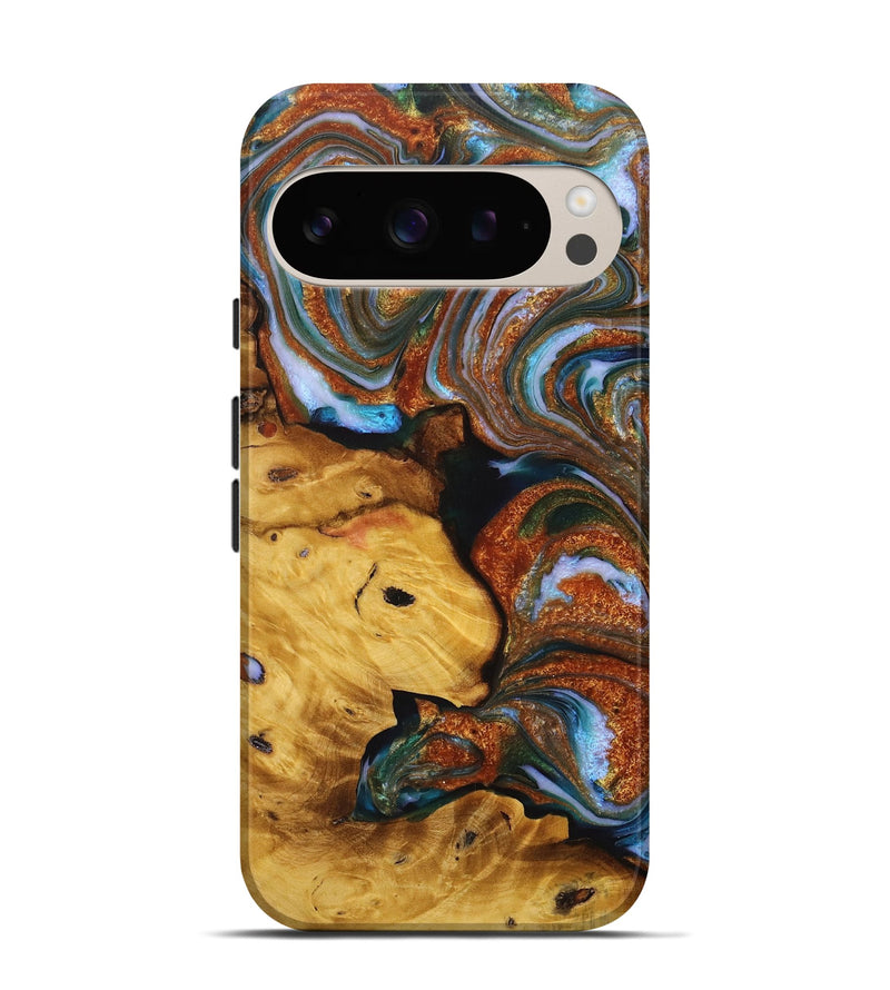 Pixel 9 Wood+Resin Live Edge Phone Case - Troy (Teal & Gold, 716490)