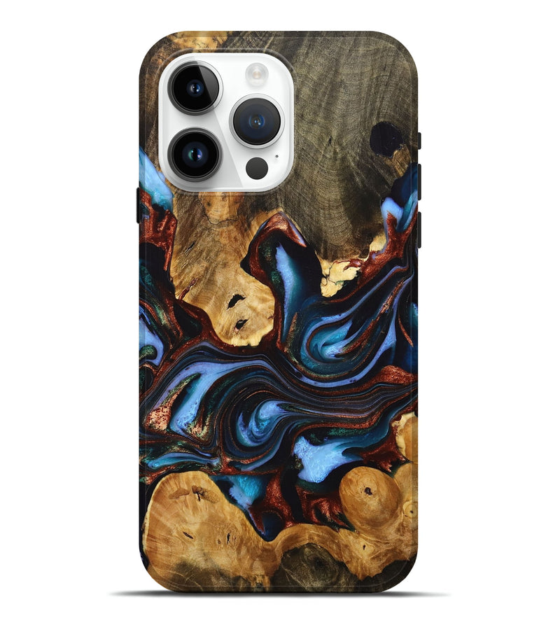 iPhone 15 Pro Max Wood+Resin Live Edge Phone Case - Mikayla (Teal & Gold, 716754)