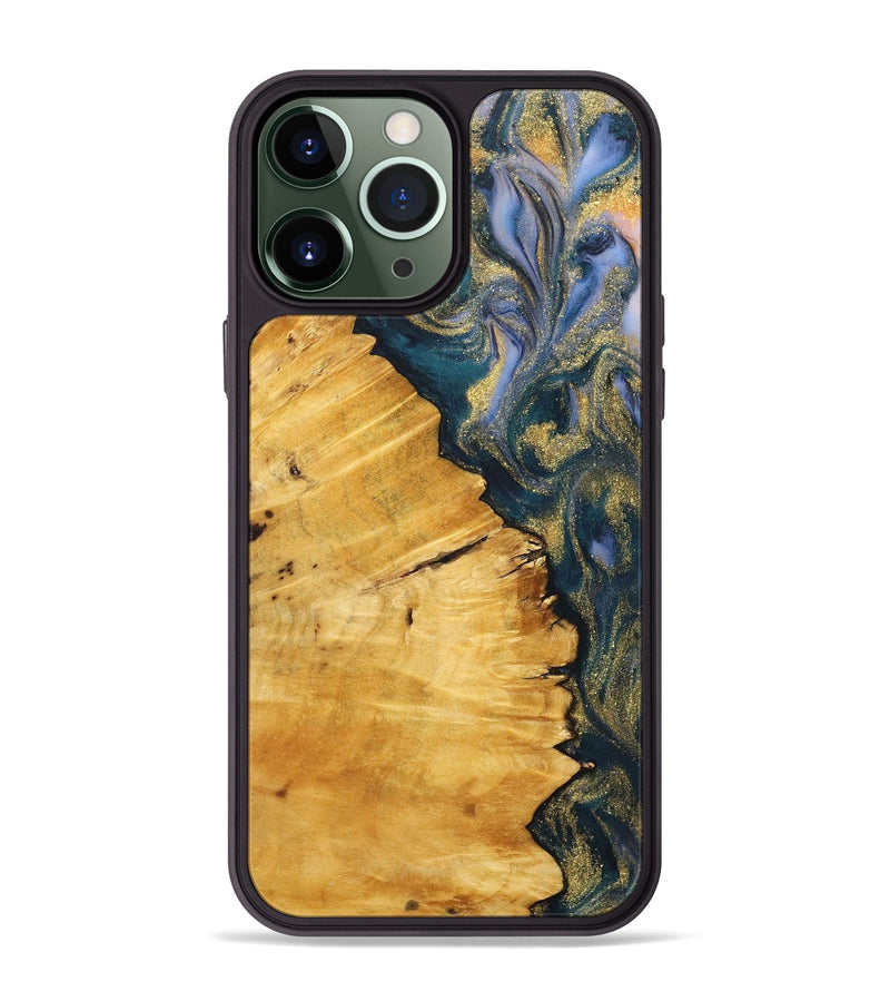 iPhone 13 Pro Max Wood+Resin Phone Case - Sheila (Teal & Gold, 716866)