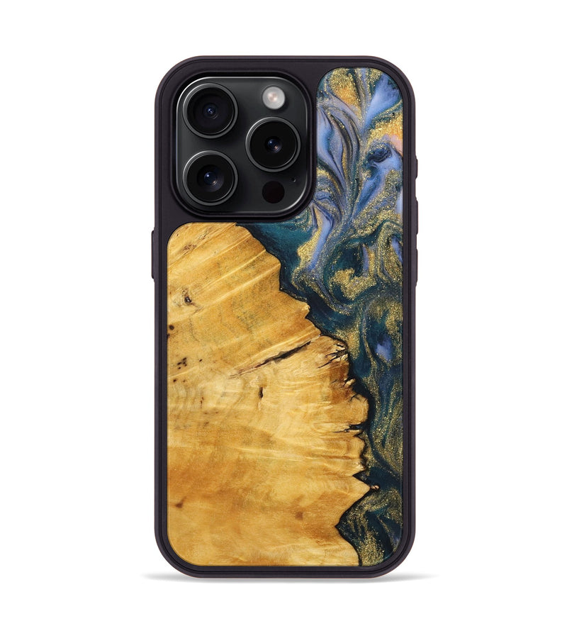 iPhone 15 Pro Wood+Resin Phone Case - Sheila (Teal & Gold, 716866)