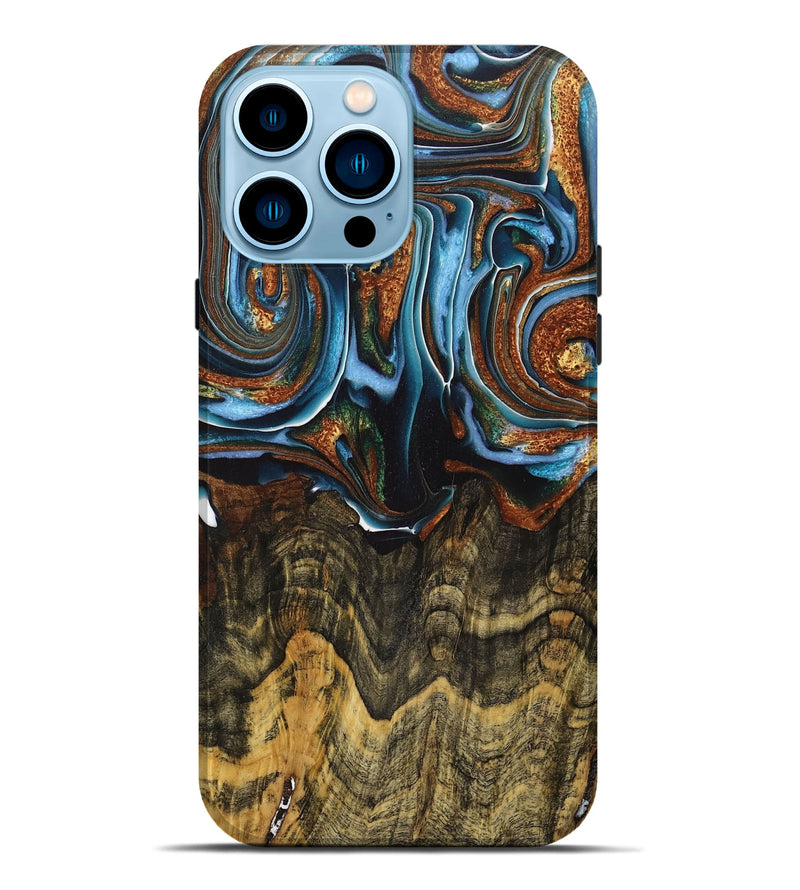 iPhone 14 Pro Max Wood+Resin Live Edge Phone Case - Elijah (Teal & Gold, 717042)