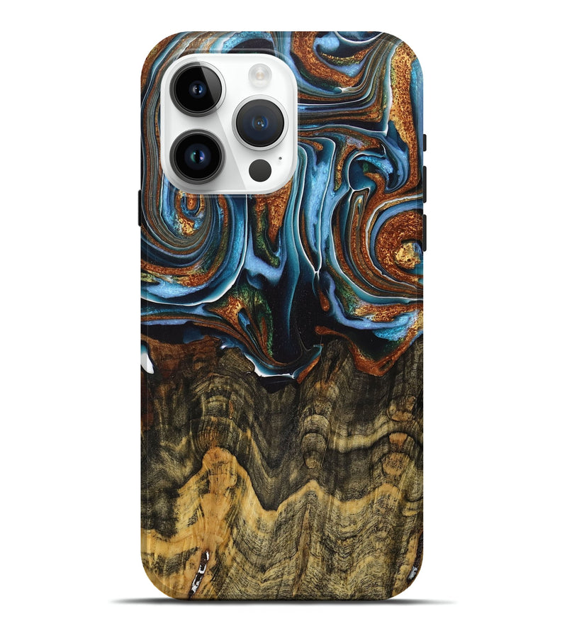 iPhone 15 Pro Max Wood+Resin Live Edge Phone Case - Elijah (Teal & Gold, 717042)