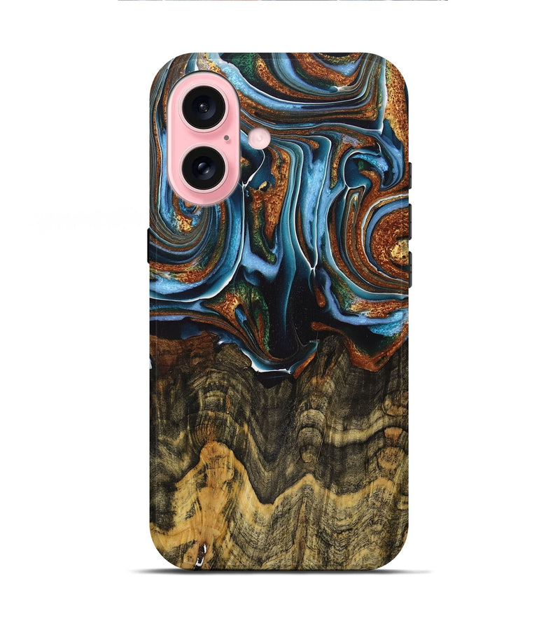 iPhone 16 Wood+Resin Live Edge Phone Case - Elijah (Teal & Gold, 717042)