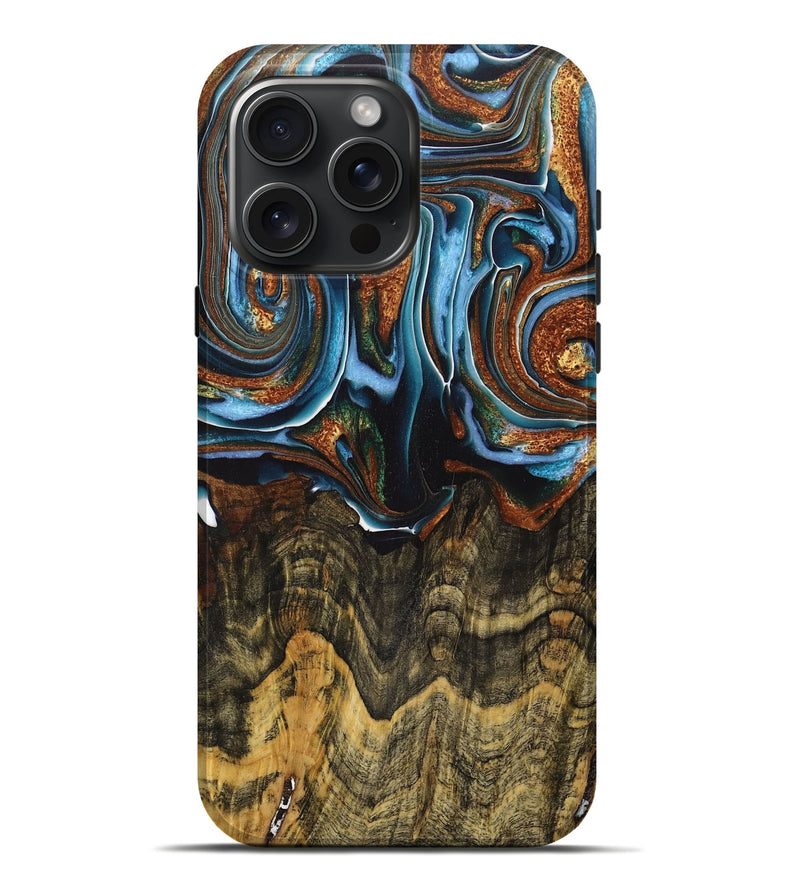 iPhone 16 Pro Max Wood+Resin Live Edge Phone Case - Elijah (Teal & Gold, 717042)