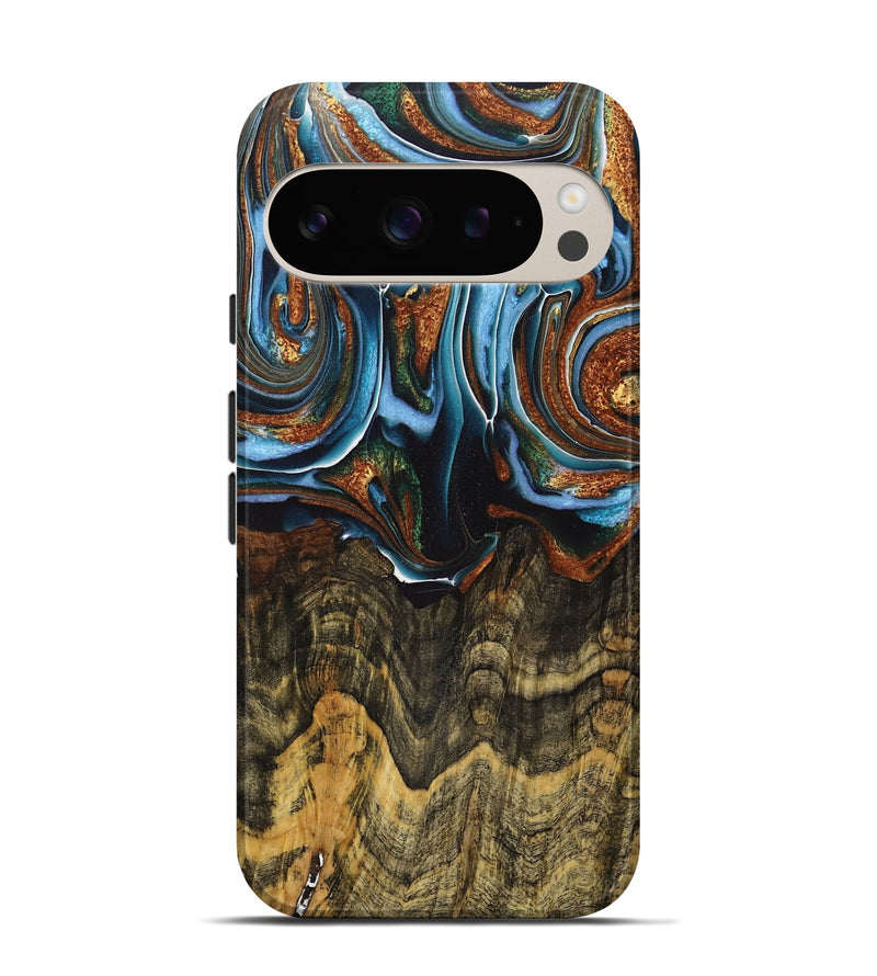 Pixel 9 Wood+Resin Live Edge Phone Case - Elijah (Teal & Gold, 717042)