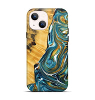 iPhone 14 Wood+Resin Live Edge Phone Case - Gia (Teal & Gold, 717048)