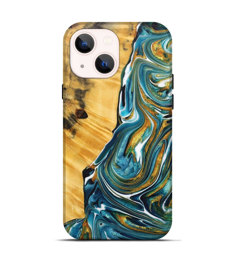 iPhone 14 Wood+Resin Live Edge Phone Case - Gia (Teal & Gold, 717048)