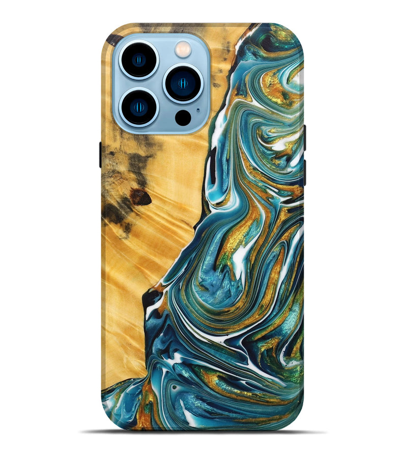 iPhone 14 Pro Max Wood+Resin Live Edge Phone Case - Gia (Teal & Gold, 717048)