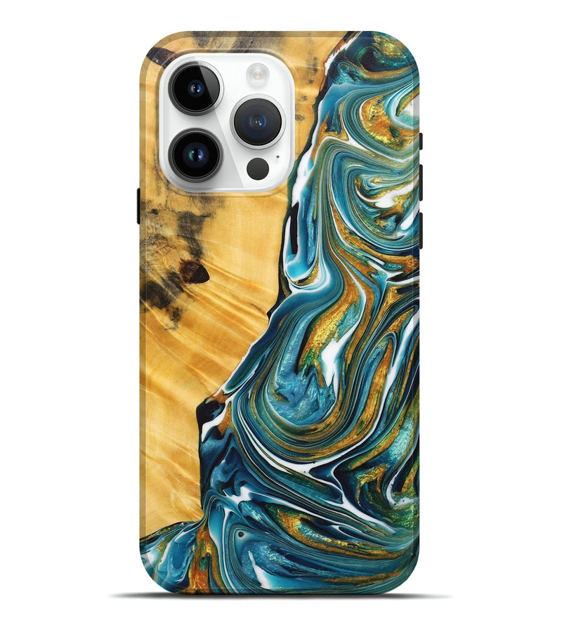 iPhone 15 Pro Max Wood+Resin Live Edge Phone Case - Gia (Teal & Gold, 717048)