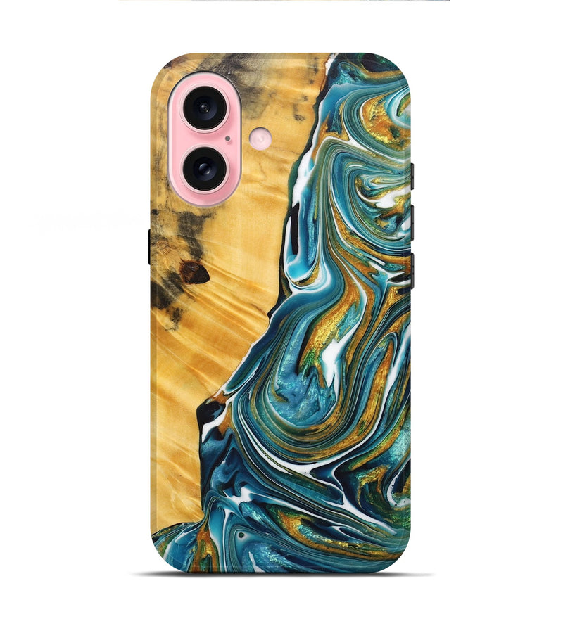 iPhone 16 Wood+Resin Live Edge Phone Case - Gia (Teal & Gold, 717048)