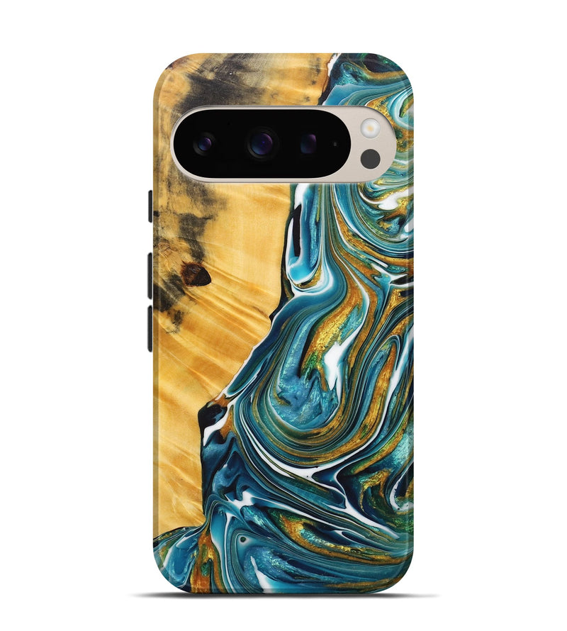 Pixel 9 Wood+Resin Live Edge Phone Case - Gia (Teal & Gold, 717048)