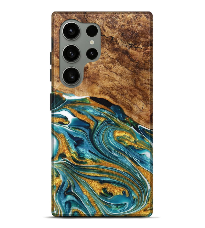 Galaxy S24 Ultra Wood+Resin Live Edge Phone Case - Irvin (Teal & Gold, 717050)