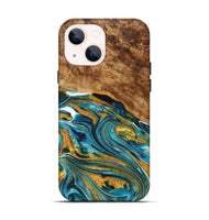 iPhone 14 Wood+Resin Live Edge Phone Case - Irvin (Teal & Gold, 717050)