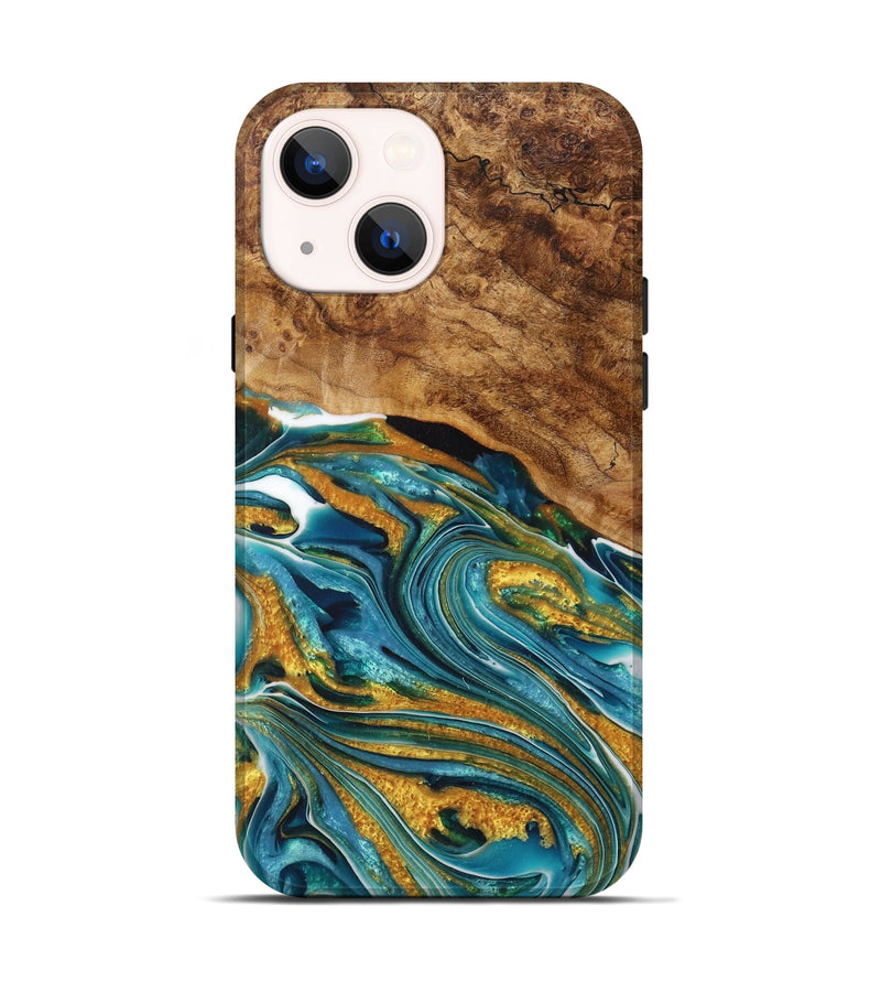 iPhone 14 Wood+Resin Live Edge Phone Case - Irvin (Teal & Gold, 717050)