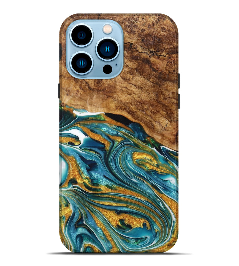 iPhone 14 Pro Max Wood+Resin Live Edge Phone Case - Irvin (Teal & Gold, 717050)