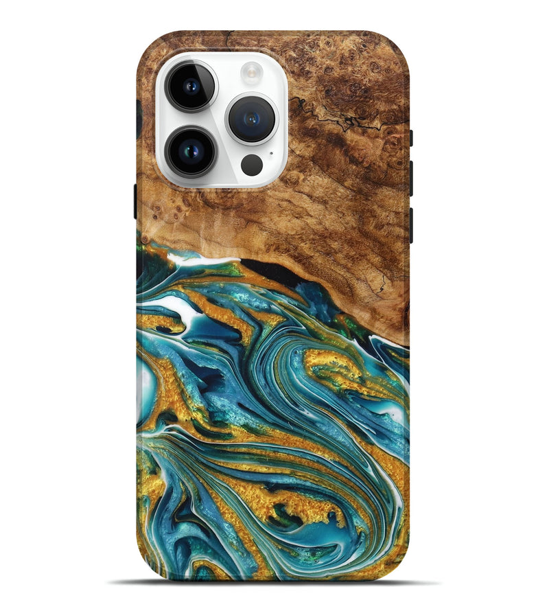 iPhone 15 Pro Max Wood+Resin Live Edge Phone Case - Irvin (Teal & Gold, 717050)