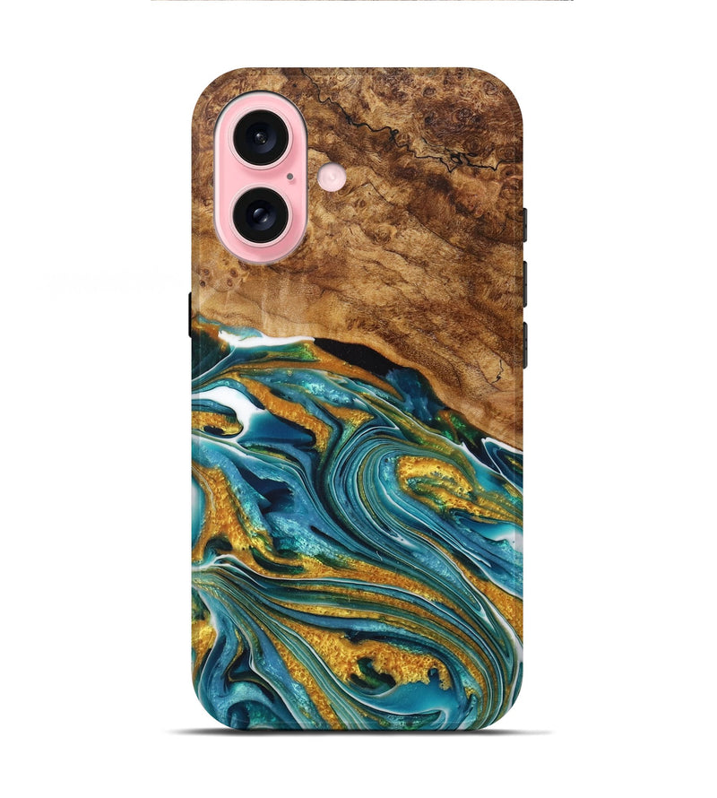 iPhone 16 Wood+Resin Live Edge Phone Case - Irvin (Teal & Gold, 717050)