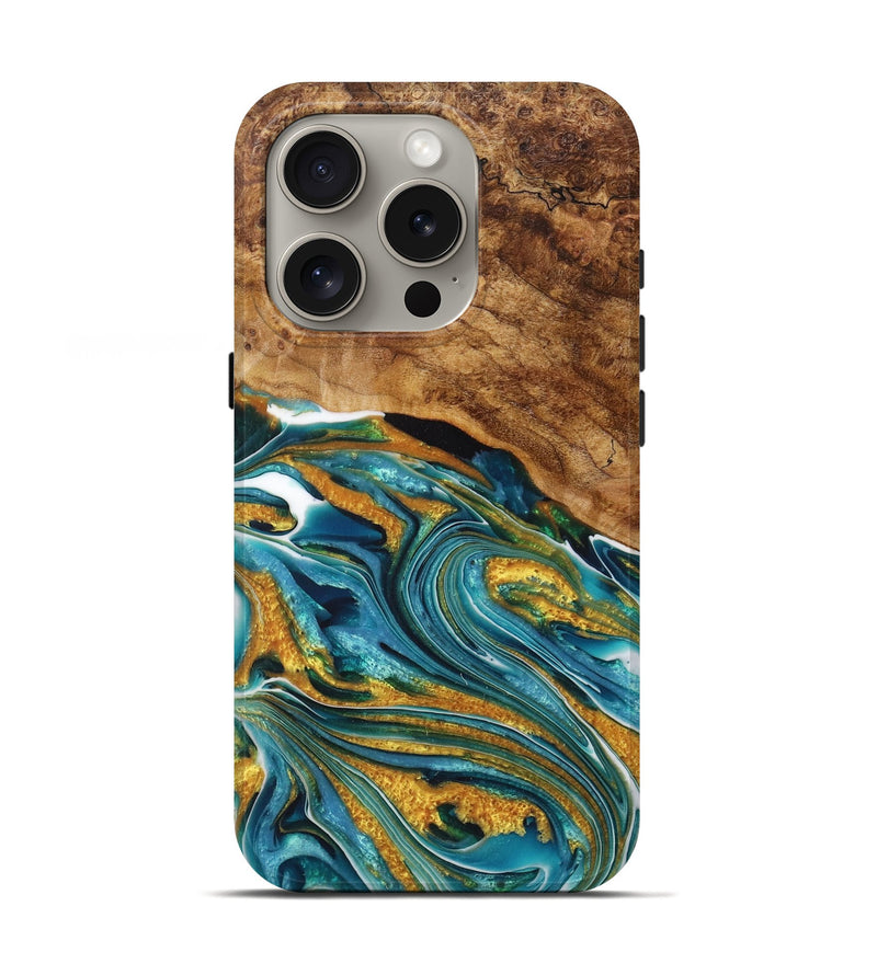 iPhone 16 Pro Wood+Resin Live Edge Phone Case - Irvin (Teal & Gold, 717050)