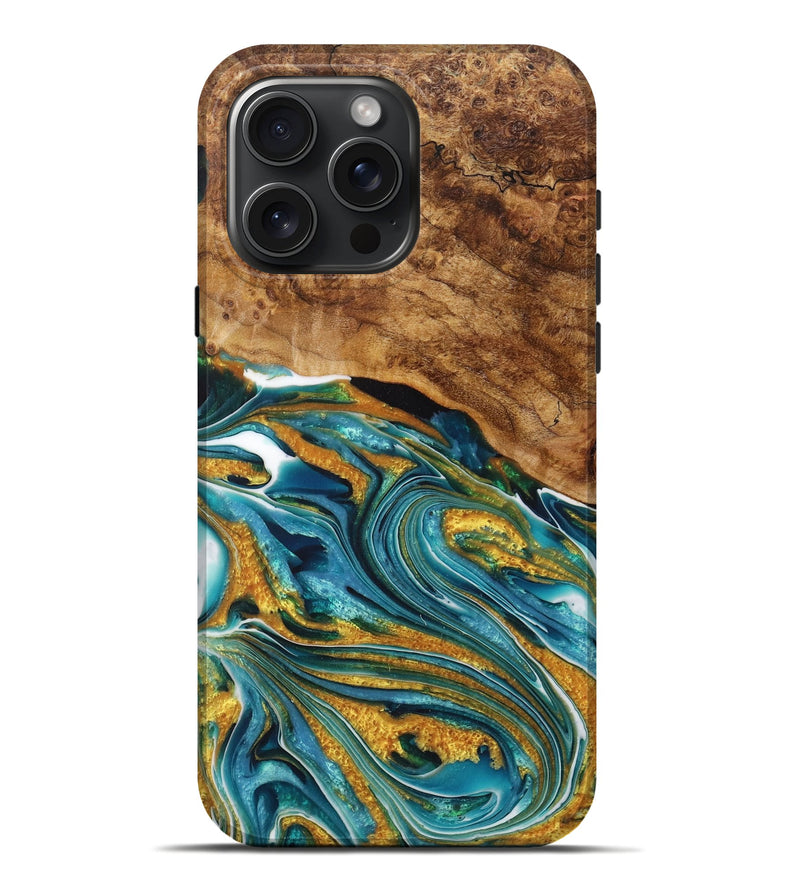 iPhone 16 Pro Max Wood+Resin Live Edge Phone Case - Irvin (Teal & Gold, 717050)